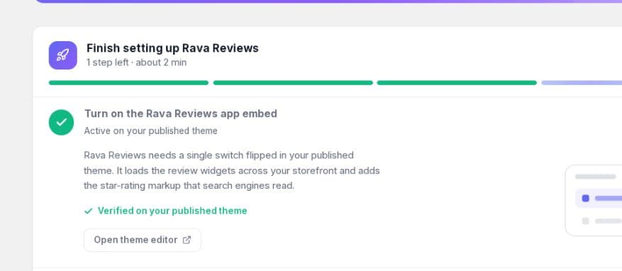 Rava Reviews setup guide showing the app embed verified on the published Shopify theme