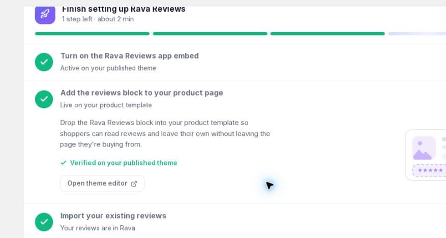 Rava Reviews setup guide showing the product reviews block verified on the published product template