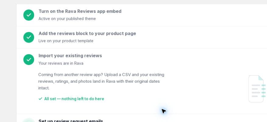 Rava Reviews setup guide showing existing reviews imported successfully