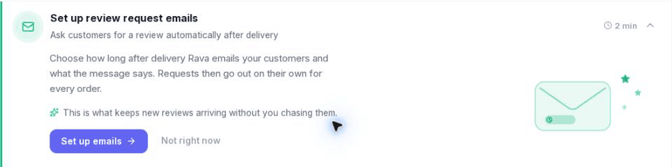 Rava Reviews setup guide with the review request email step expanded