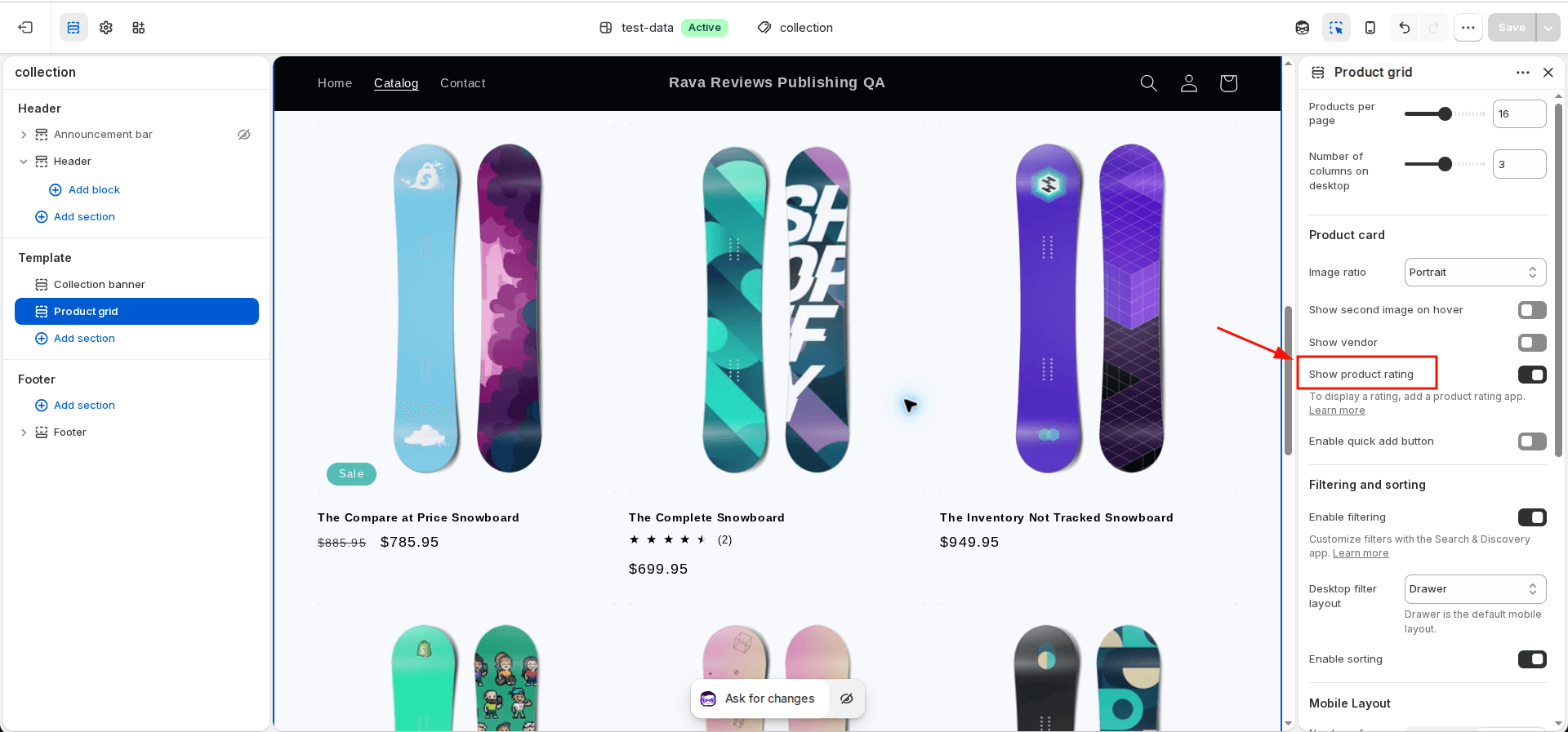 Collection template with Product grid selected and Show product rating enabled; The Complete Snowboard card shows stars and two reviews